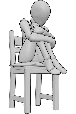 Pose Reference- Cold female sitting pose - Female is feeling cold, sitting on the chair and hugging herself, warming herself with her arms