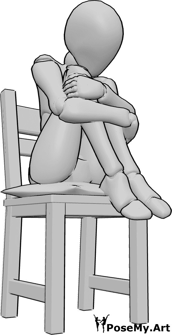 Referencia de poses- Postura sentada de mujer fría - La mujer siente frío, se sienta en la silla y se abraza a sí misma, calentándose con los brazos