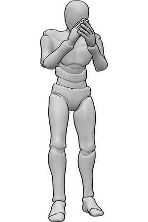 Pose Reference- Cold male pose - Cold male is standing and breathing into his hands to warm them