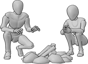 Pose Reference- Campfire crouching pose - Female and male are crouching by the campfire, warming themselves