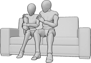 Pose Reference- Sitting warming pose - Female and male are sitting on the couch, male is helping the female warm up