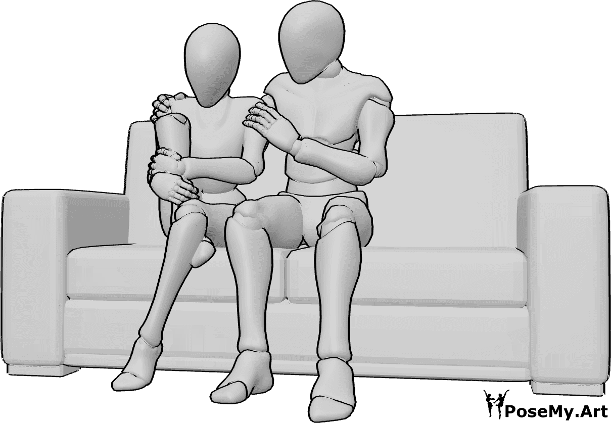 Pose Reference- Sitting warming pose - Female and male are sitting on the couch, male is helping the female warm up