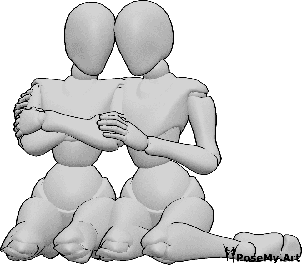Pose Reference- Cold females pose - Cold females are kneeling, sitting on the floor, feeling cold, warming each other