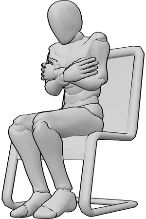 Pose Reference- Cold male sitting pose - Male is sitting on the chair, feeling cold, hugging himself, warming himself with his arms