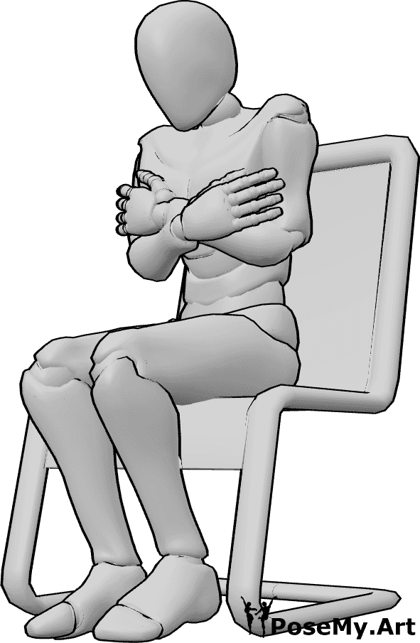 Pose Reference- Cold male sitting pose - Male is sitting on the chair, feeling cold, hugging himself, warming himself with his arms