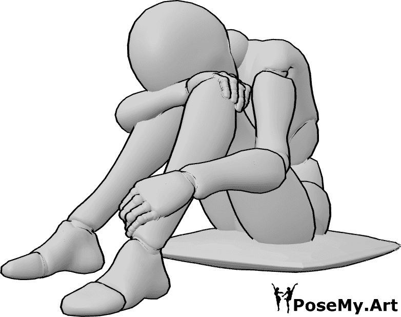 Posen-Referenz- Depression Boden sitzende Pose - Frau sitzt auf dem Boden und umarmt ihre Knie, Kopf ist zwischen den Schultern vergraben, Blick nach unten, traurige, deprimierte Pose