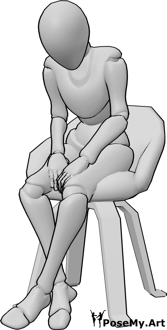 Pose Reference- Female depression sitting pose - Female is sitting on a chair and staring at the floor, shoulders are collapsed inward