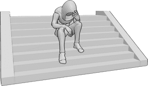 Pose Reference- Depression male hiding pose - Male is sitting on the stairs, head lowered, pulling his hood up