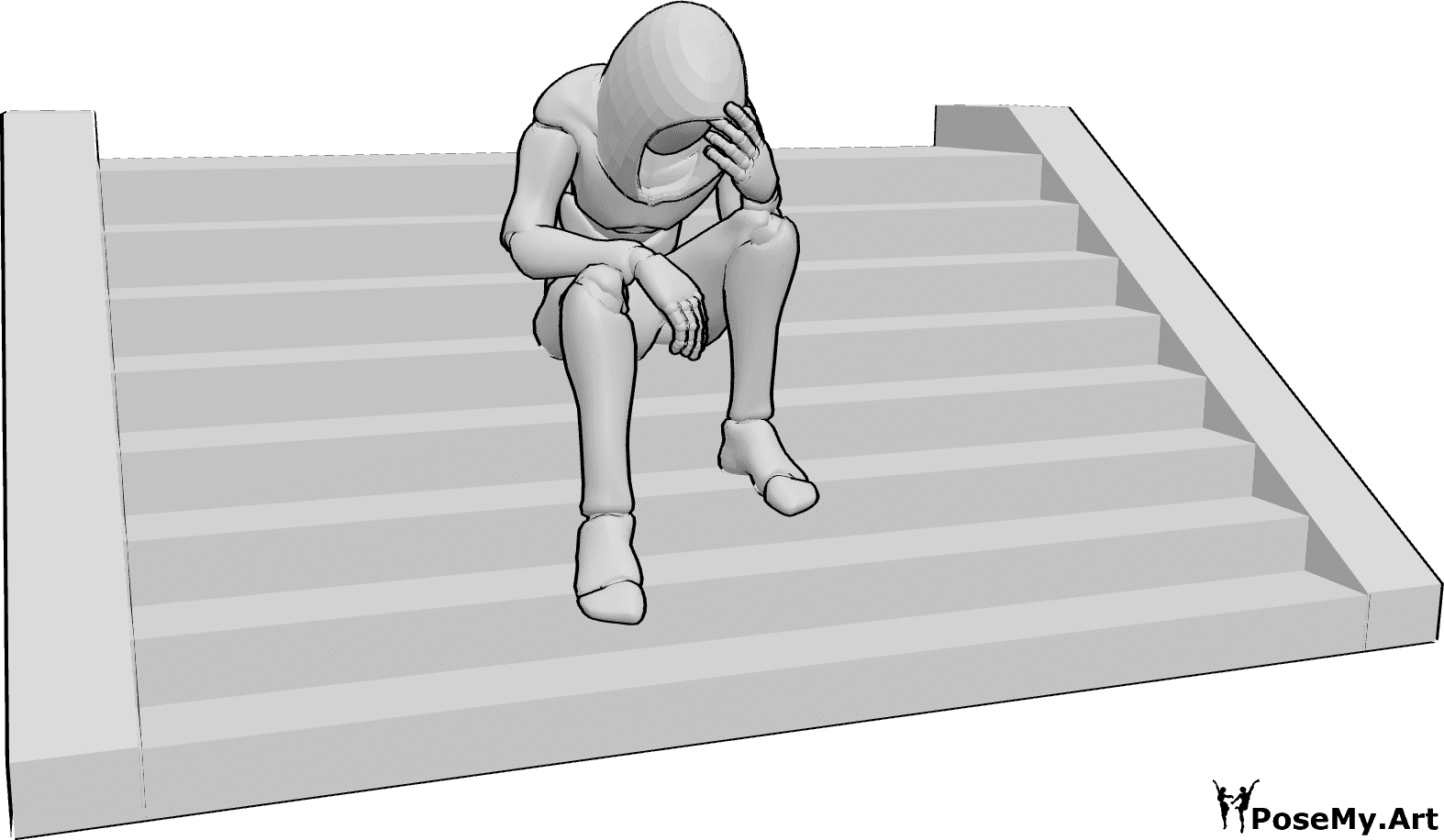Pose Reference- Depression male hiding pose - Male is sitting on the stairs, head lowered, pulling his hood up