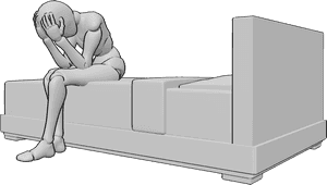 Pose Reference- Overwhelmed female pose - Female is sitting on the edge of the bed and covering her face with both hands