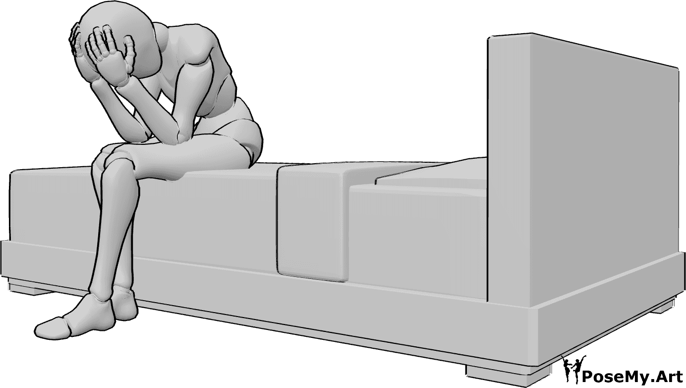 Pose Reference- Overwhelmed female pose - Female is sitting on the edge of the bed and covering her face with both hands