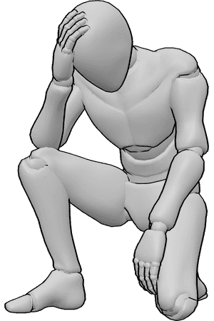 Pose Reference- Depressed male holding head pose - Male is crouching, looking down and holding his head, male depression pose