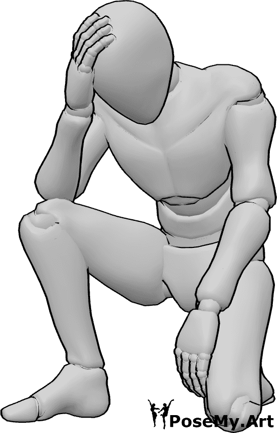Référence des poses- Homme déprimé se tenant la tête - L'homme est accroupi, il regarde vers le bas et se tient la tête, pose de dépression masculine.