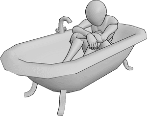 Pose Reference- Depression bath sitting pose - Female is sitting in the bathtub, knees are drawn up, arms are resting loosely on the knees, spine is slightly curved, head is gently tilted forward