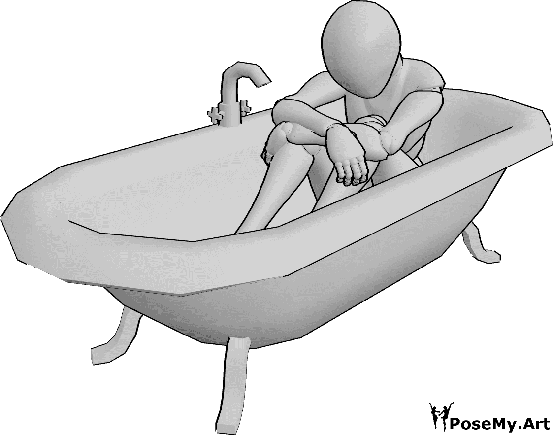 Posen-Referenz- Depressionsbad sitzende Pose - Frau sitzt in der Badewanne, die Knie sind angezogen, die Arme liegen locker auf den Knien, die Wirbelsäule ist leicht gebogen, der Kopf ist leicht nach vorne geneigt