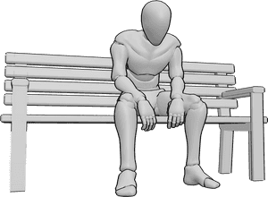 Pose Reference- Depression male sitting pose - Male is sitting on a bench, legs are slightly apart, elbows are resting on thighs, hands are hanging loosely between knees, spine is curved forward