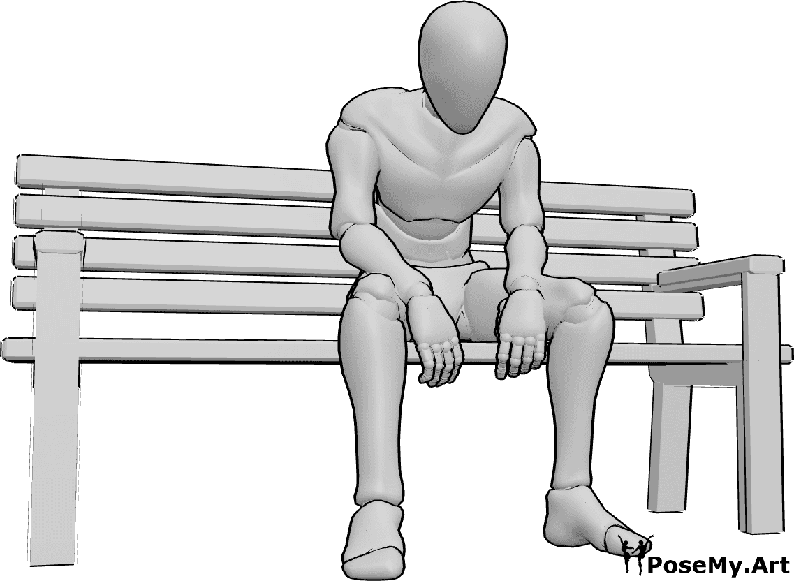 Pose Reference- Depression male sitting pose - Male is sitting on a bench, legs are slightly apart, elbows are resting on thighs, hands are hanging loosely between knees, spine is curved forward