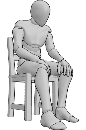 Pose Reference- Sitting tilting head down pose - Male is sitting on a chair, spine is straight, head is tilted downward at a shallow angle