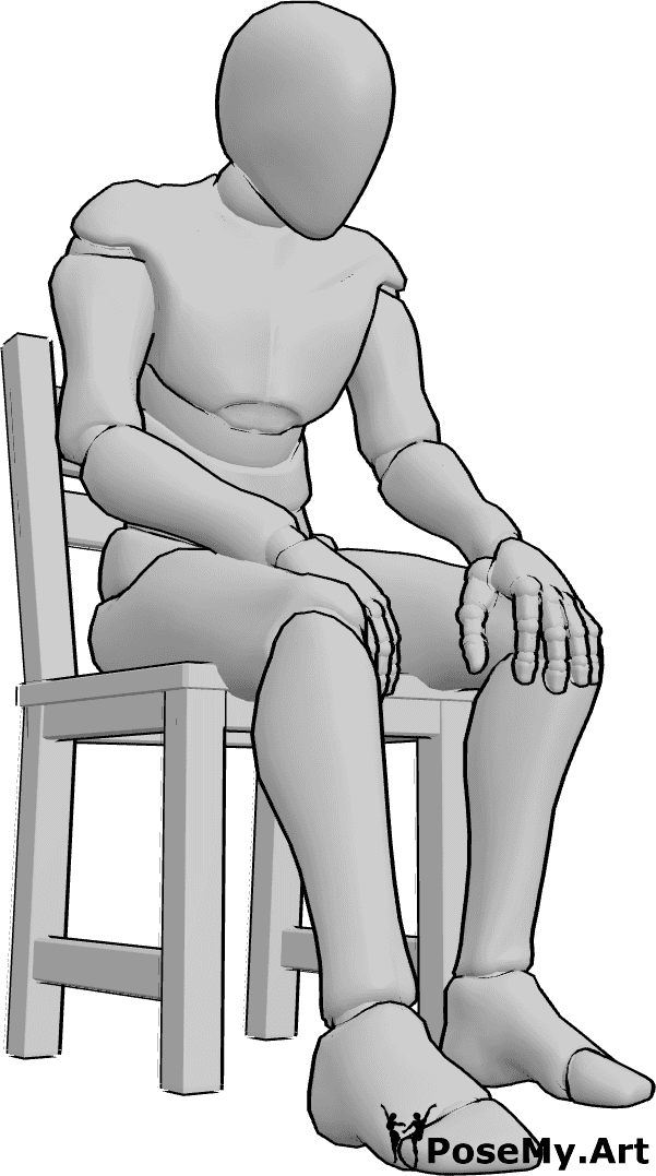 Pose Reference- Sitting tilting head down pose - Male is sitting on a chair, spine is straight, head is tilted downward at a shallow angle