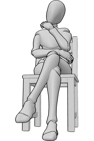 Pose Reference- Sitting tilting head pose - Female is sitting on a chair with her legs crossed, head is tilted to one side