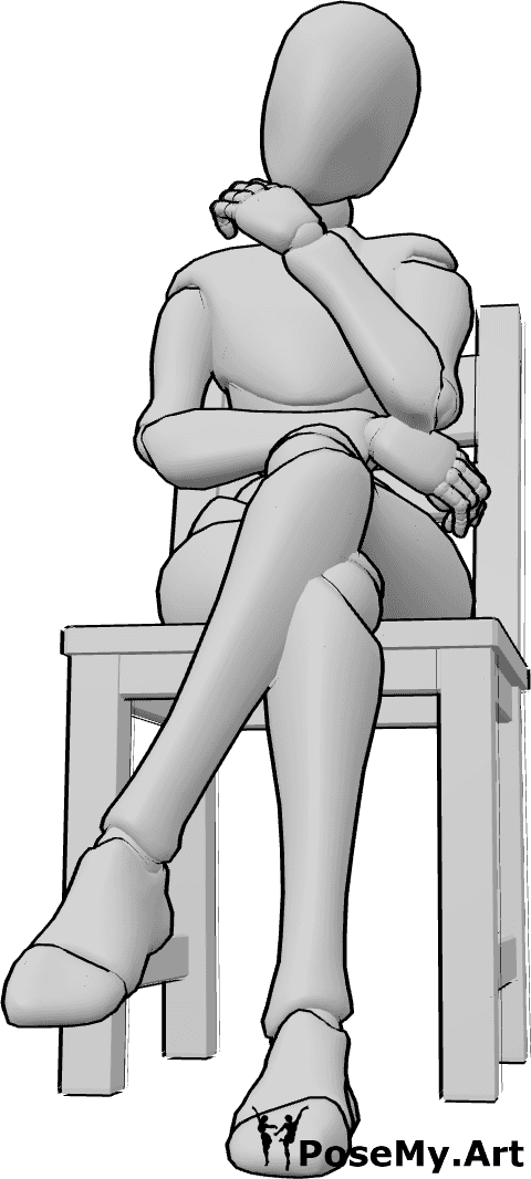 Pose Reference- Sitting tilting head pose - Female is sitting on a chair with her legs crossed, head is tilted to one side