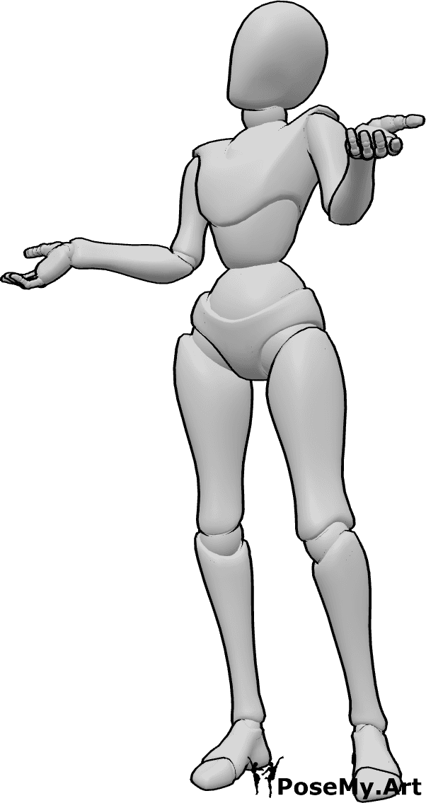 Pose Reference- Uncertain female pose - Female is standing with her arms spread open and her head tilted slightly to the side, expressing uncertainty