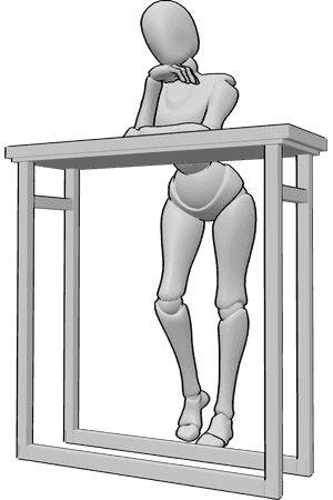 Pose Reference- Female bar table pose - Female is leaning on the bar counter, resting on her elbows, head tilted gently to one side