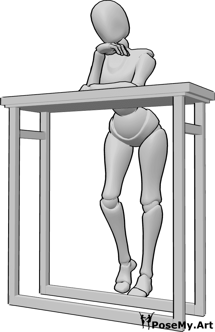 Pose Reference- Female bar table pose - Female is leaning on the bar counter, resting on her elbows, head tilted gently to one side