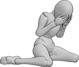 Pose Reference- Emotional female crying pose - Emotional female is sitting on the floor and crying