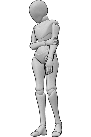 Pose Reference- Emotional sad female pose - Emotional sad female is standing, holding her arm and looking down