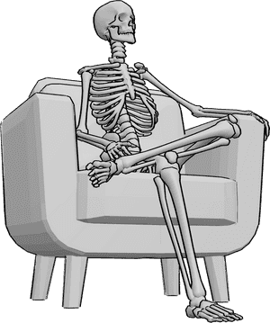 Pose Reference- Human skeleton sitting pose - Human skeleton armchair sitting pose, human skeleton is sitting with his legs crossed, slightly looking to the left