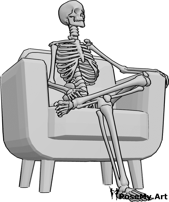 Pose Reference- Human skeleton sitting pose - Human skeleton armchair sitting pose, human skeleton is sitting with his legs crossed, slightly looking to the left