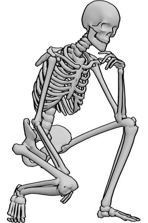 Pose Reference- Human skeleton crouching pose - Human skeleton is crouching, holding his chin with his left hand