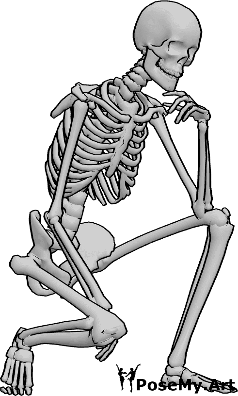 Pose Reference- Human skeleton crouching pose - Human skeleton is crouching, holding his chin with his left hand