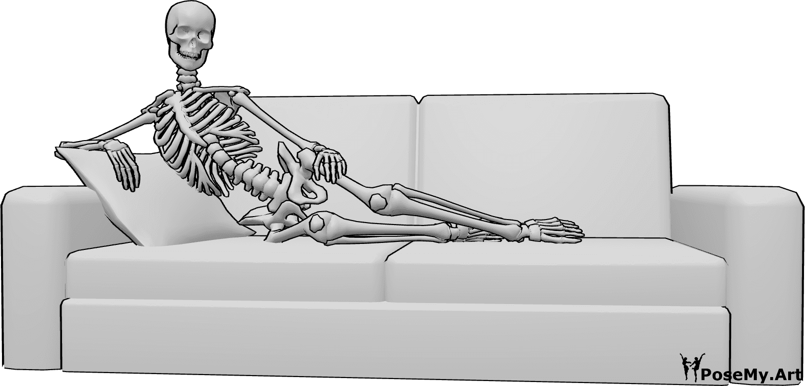 Pose Reference- Human skeleton lying pose - Human skeleton is lying on the couch, leaning on a pillow
