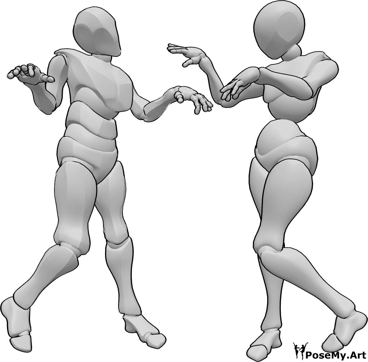 Referencia de poses- Zombie pareja bailando pose - Espeluznante pareja de zombies femenina y masculina bailando juntos posan