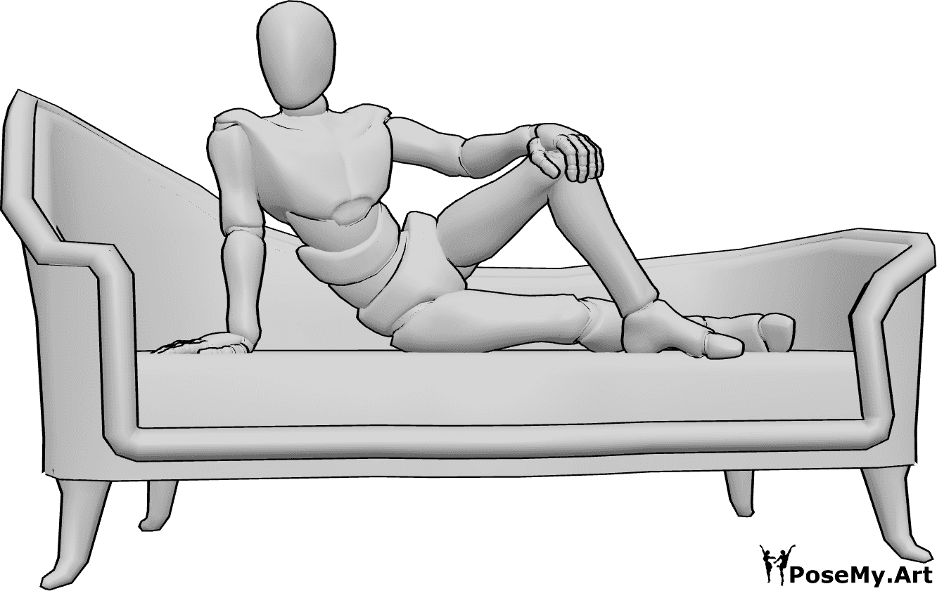Référence des poses- Pose allongée - Homme assis sur le canapé et posant de manière sexy, homme posant de manière sexy