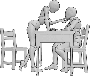 Pose Reference- Flirty couple pose - Female is leaning over the table and touching the male's face