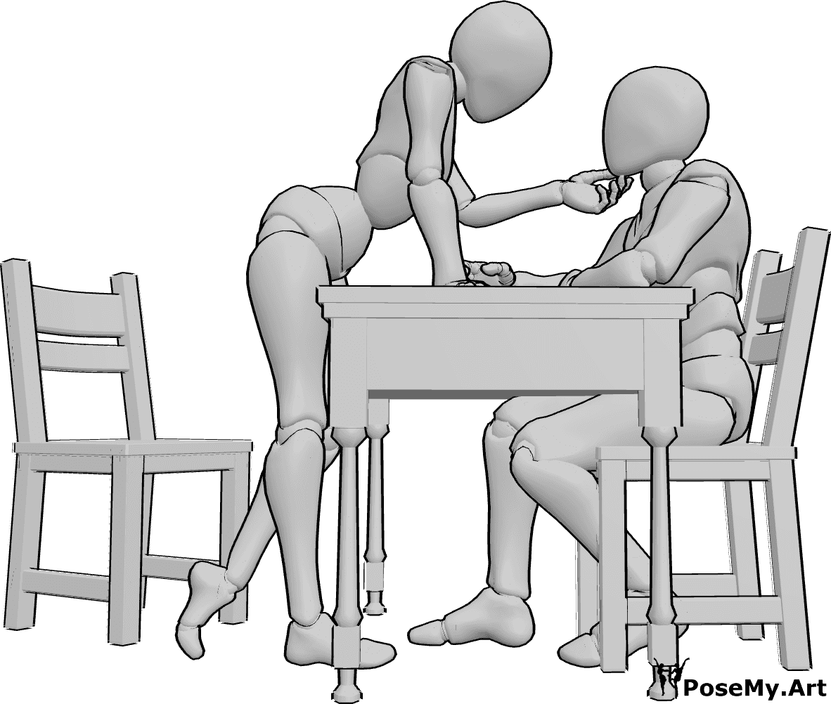 Pose Reference- Flirty couple pose - Female is leaning over the table and touching the male's face