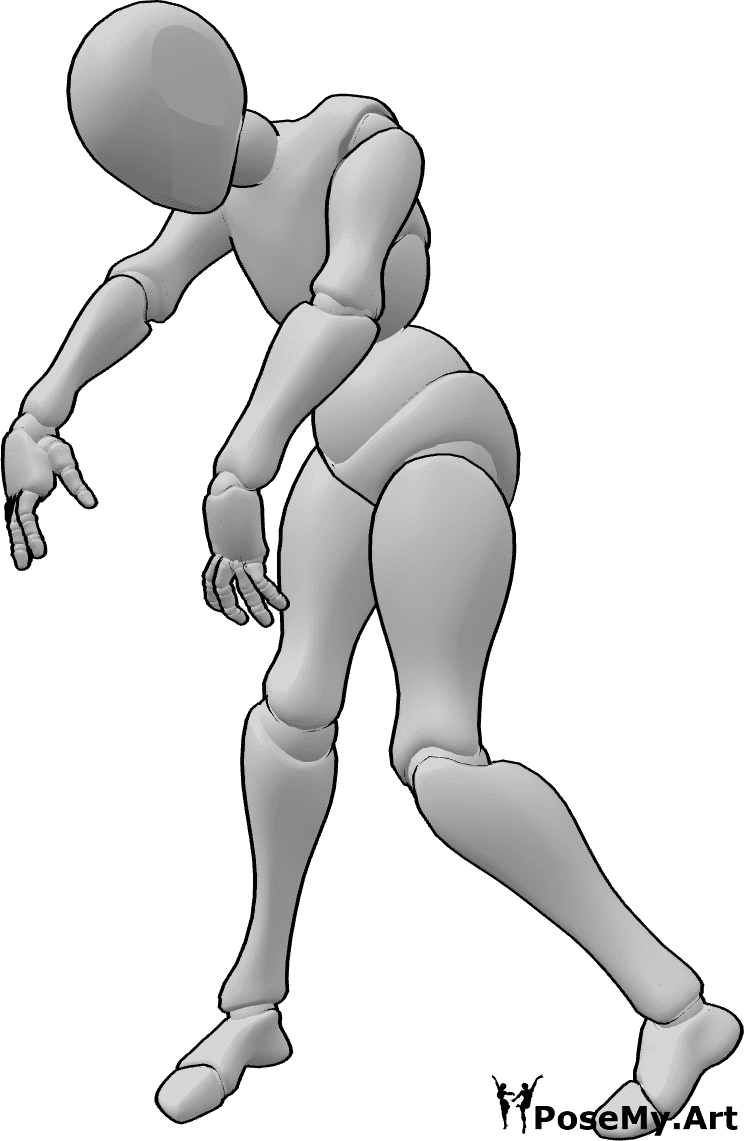 Referencia de poses- Aterradora pose de zombi femenina - Zombie femenino espeluznante está caminando lentamente pose
