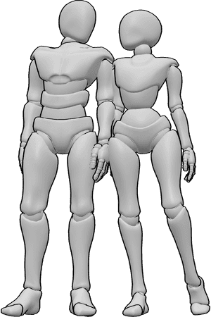 Pose Reference- Couple standing together pose - Female and male are standing close side by side, shoulders nearly touching