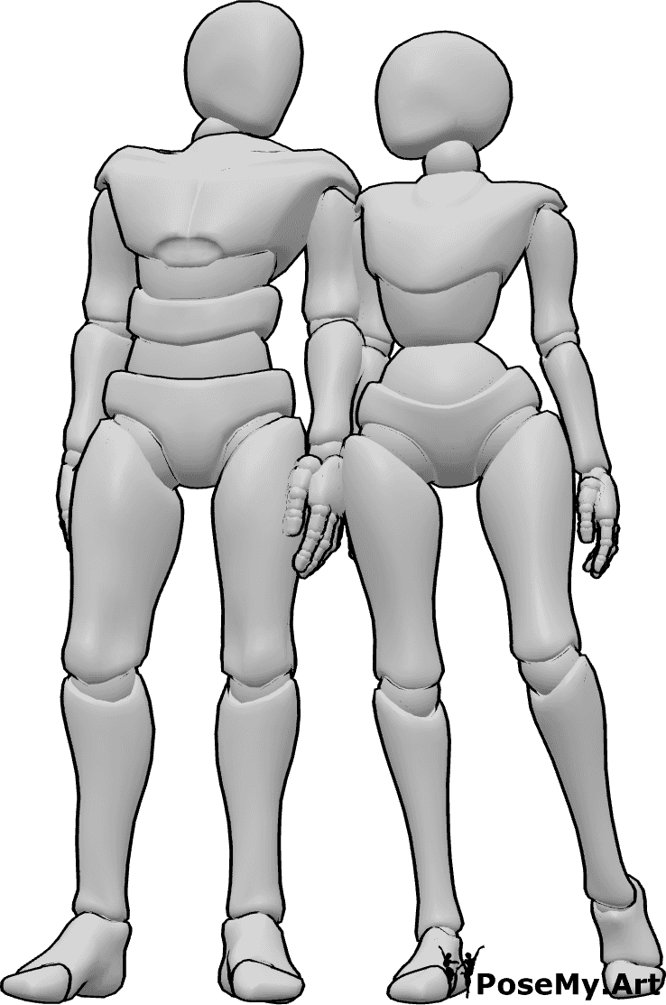Pose Reference- Couple standing together pose - Female and male are standing close side by side, shoulders nearly touching