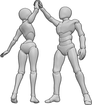 Pose Reference- Couple playful spin pose - Male is holding the female’s hand above her head while she is turning in a gentle spin