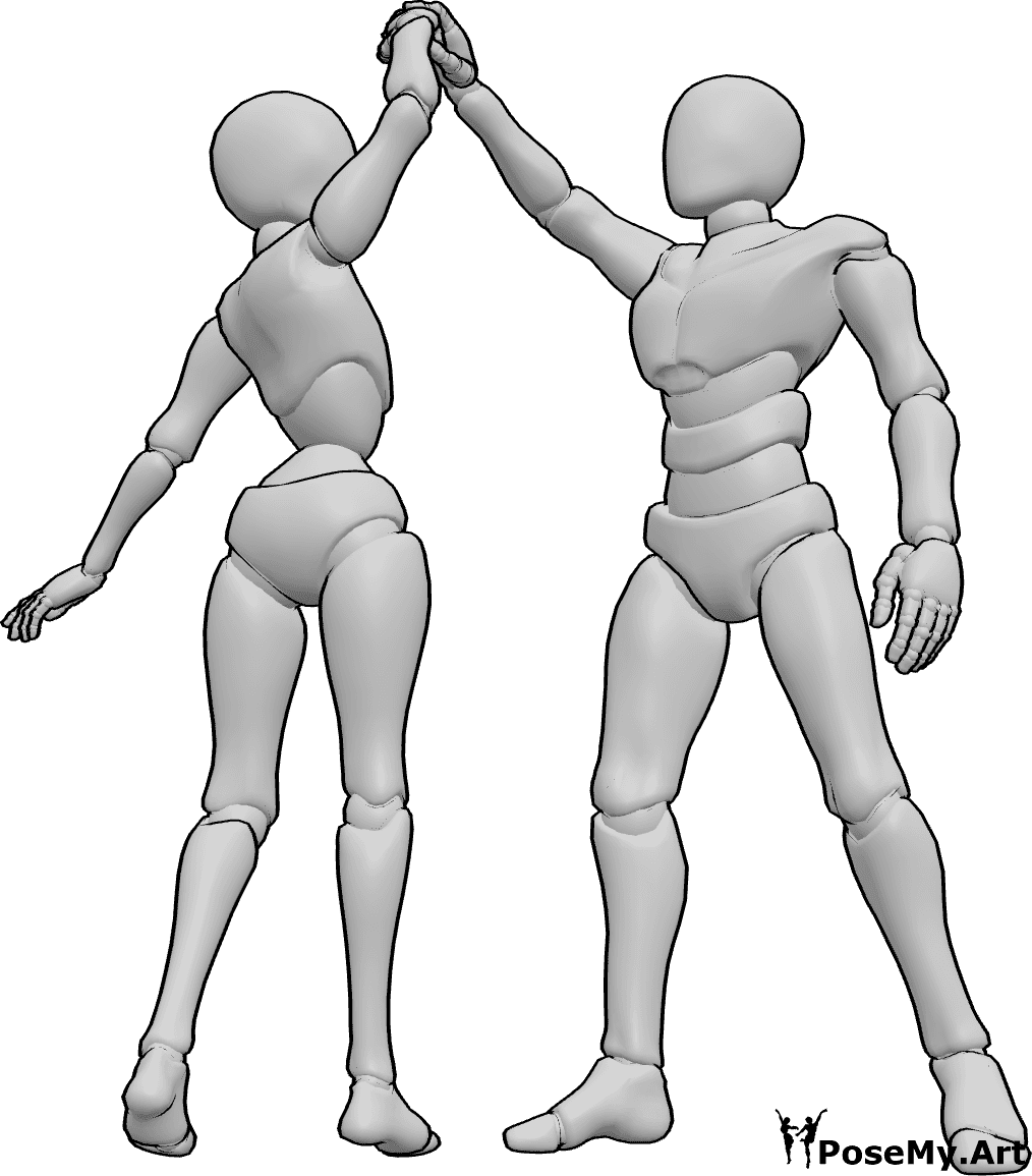 Pose Reference- Couple playful spin pose - Male is holding the female’s hand above her head while she is turning in a gentle spin