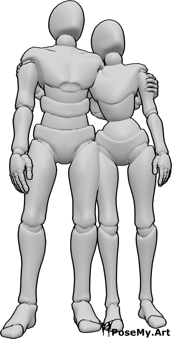 Pose Reference- Looking up couple pose - Female and male are standing together, looking upward at the same point
