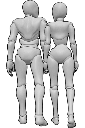 Pose Reference- Couple walking away pose - Female and male are walking away together, holding each other's hands