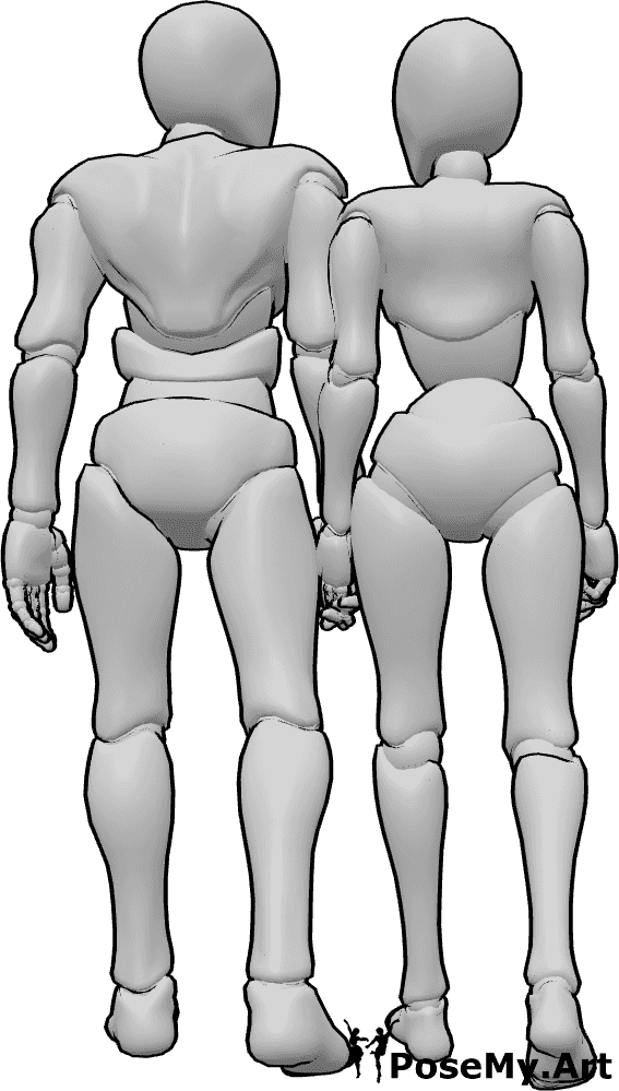 Pose Reference- Couple walking away pose - Female and male are walking away together, holding each other's hands