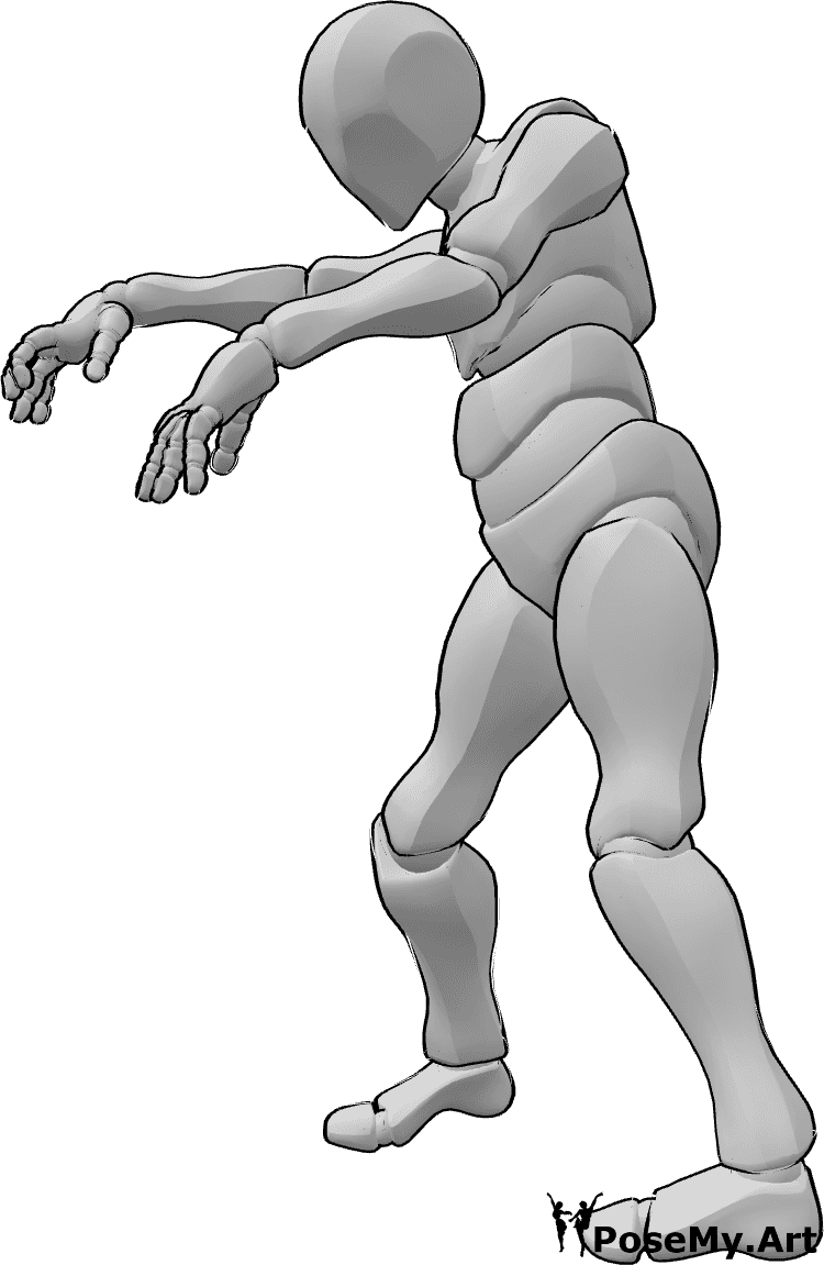 Referência de poses- Pose assustadora de um zombie masculino - Um zombie assustador está a caminhar lentamente em pose