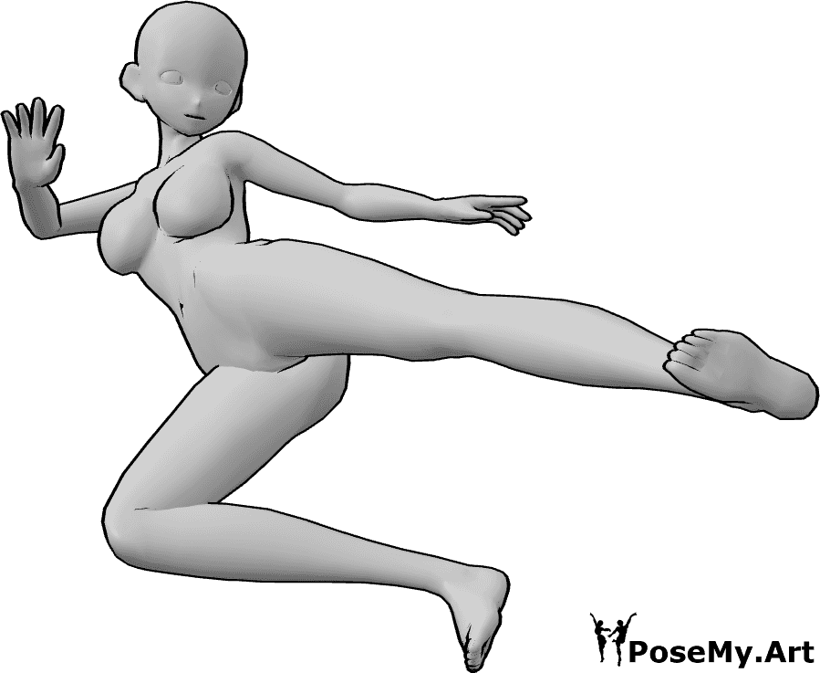 Pose Reference- Anime mid-air kick pose - Female anime figure is launching a flying kick, hips rotated, one leg fully extended