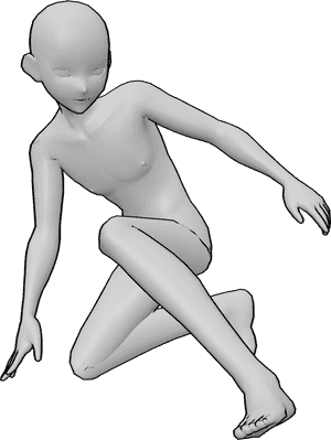 Pose Reference- Anime landing impact pose - Male anime figure is landing from a high jump, knees bent, one hand bracing the ground